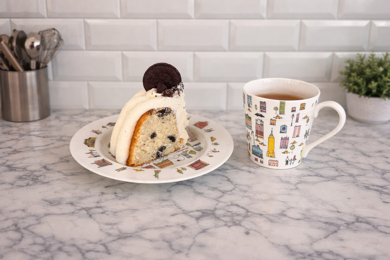 A slice of cake served with coffee