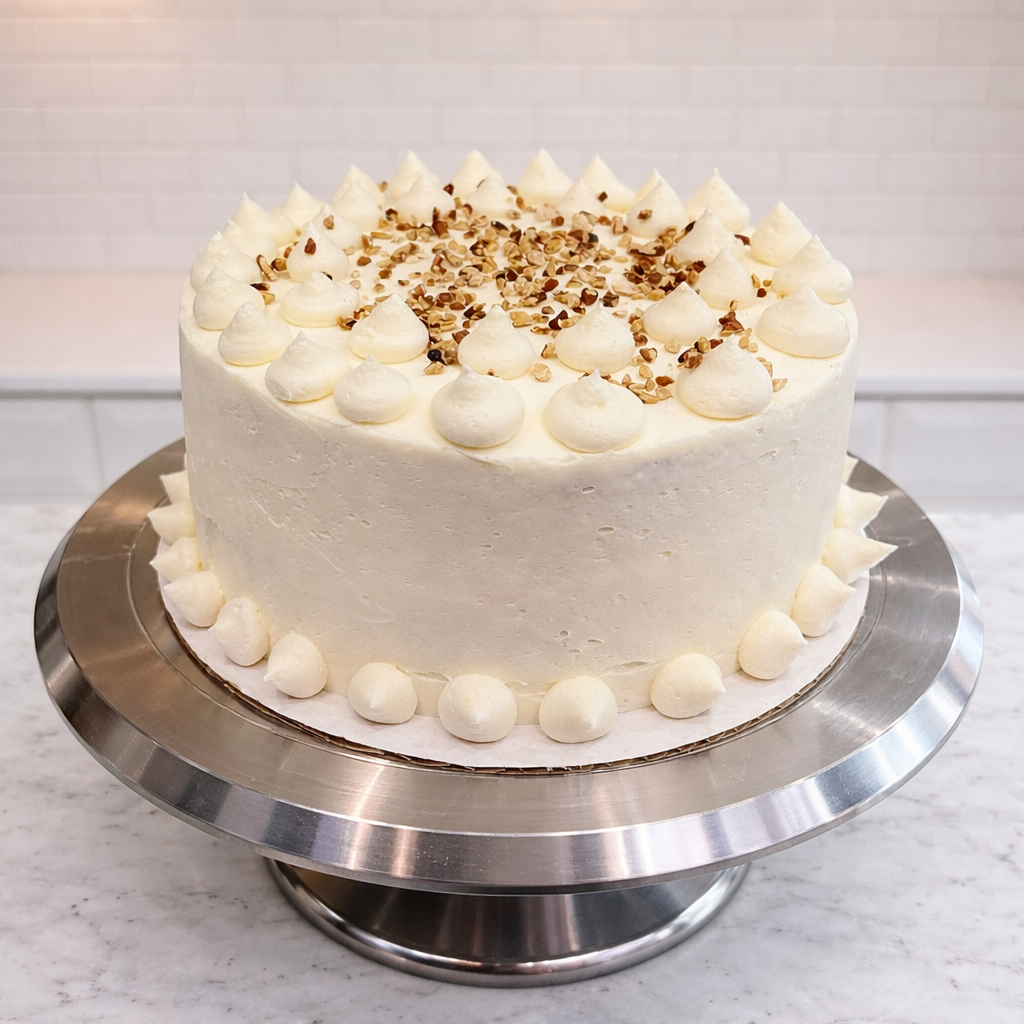 A frosted layer cake from the Krumbs by Kat kitchen